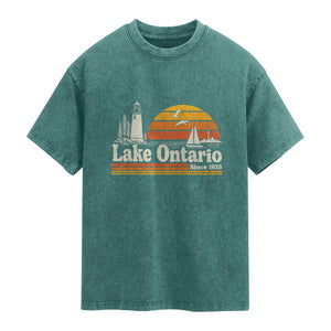 Lake Ontario Washed Cotton T-Shirt Retro Sunset Great Lakes Souvenir