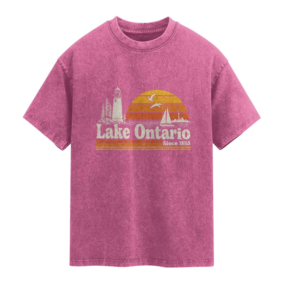 Lake Ontario Washed Cotton T-Shirt Retro Sunset Great Lakes Souvenir