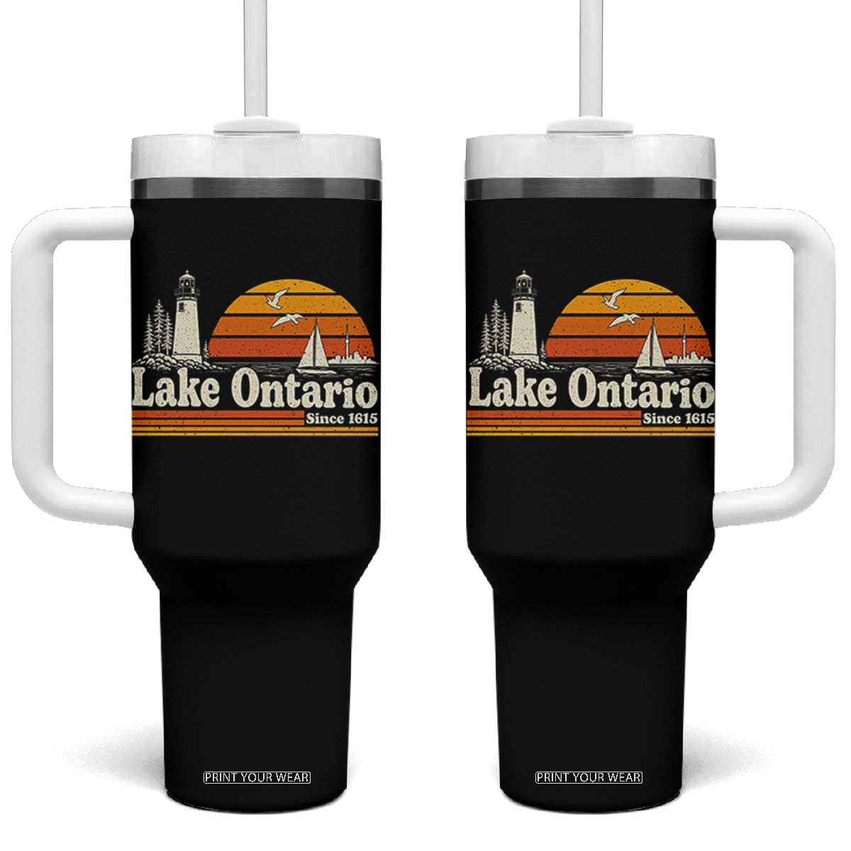 Lake Ontario Tumbler With Handle Retro Sunset Great Lakes Souvenir