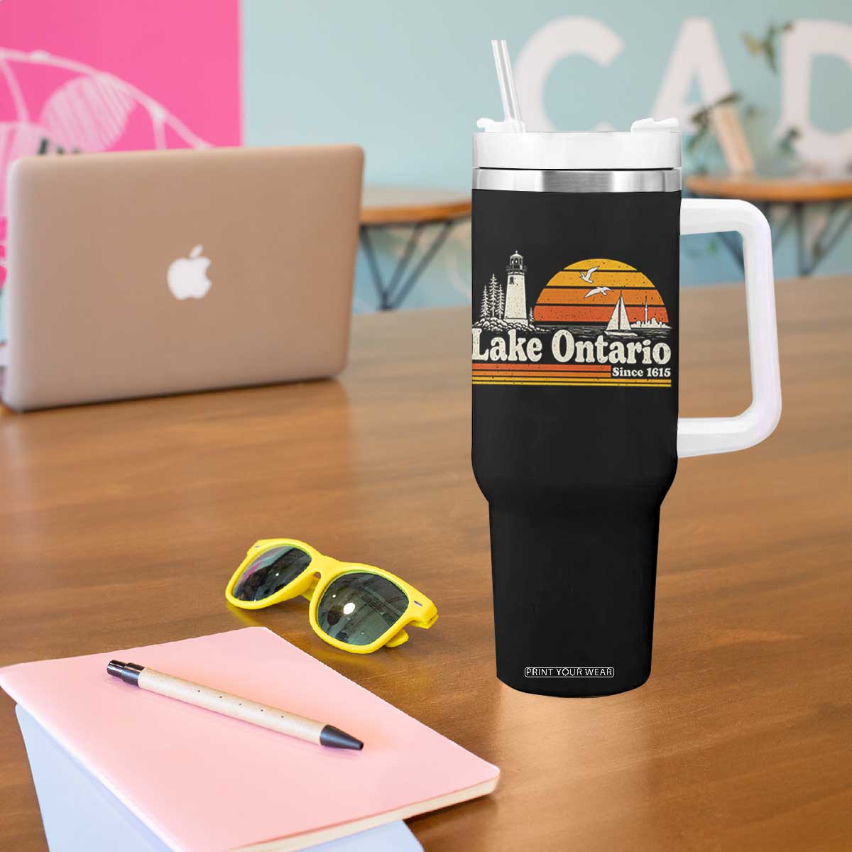 Lake Ontario Tumbler With Handle Retro Sunset Great Lakes Souvenir