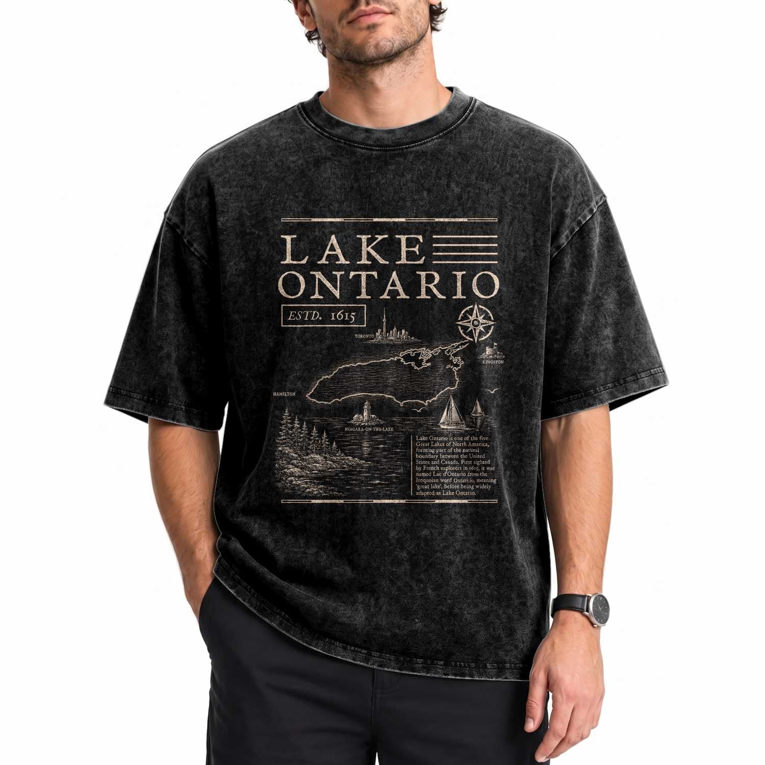 Lake Ontario Historic Map Washed Cotton T-Shirt Great Lakes Travel Nautical Souvenir