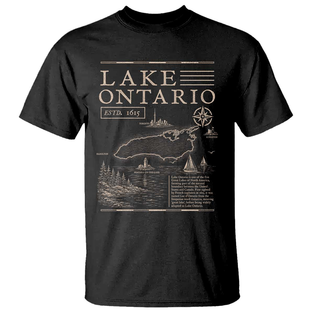 Lake Ontario Historic Map T Shirt Great Lakes Travel Nautical Souvenir