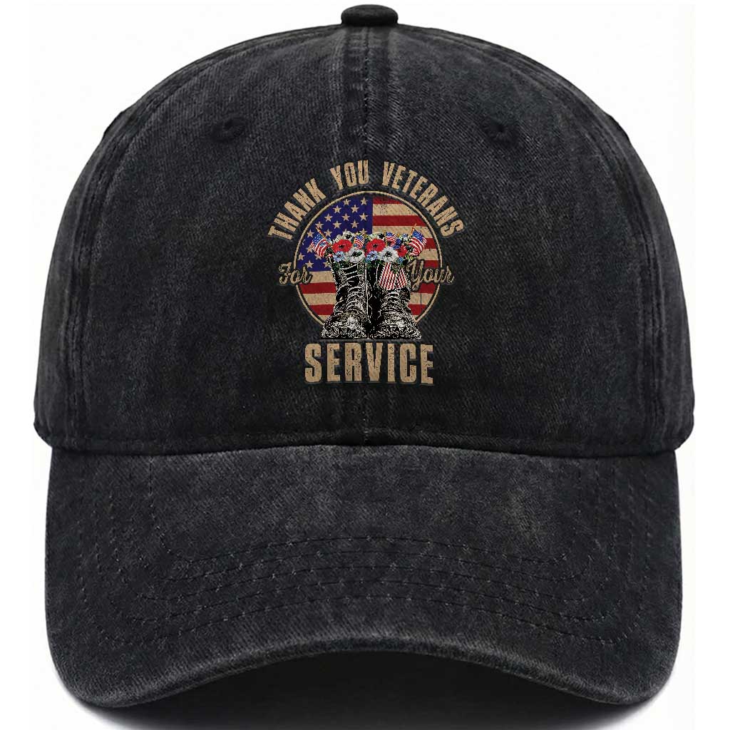 US Veterans Washed Cotton Baseball Cap Thank You Veterans For Your Service American Flag Combat Shoes TS11 Washed Cap Universal Fit Black Print Your Wear