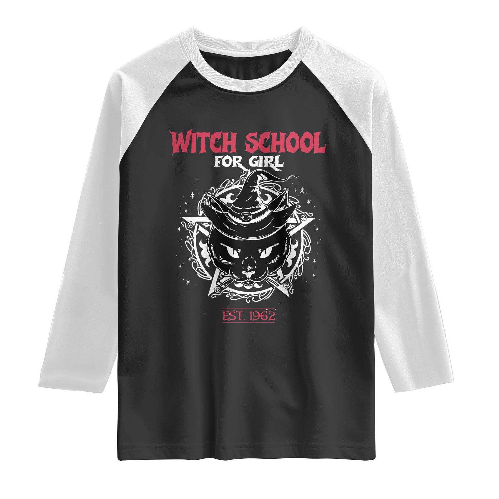 Halloween Witches Raglan Shirt Witch School For Girl Est 1962 Black Cat