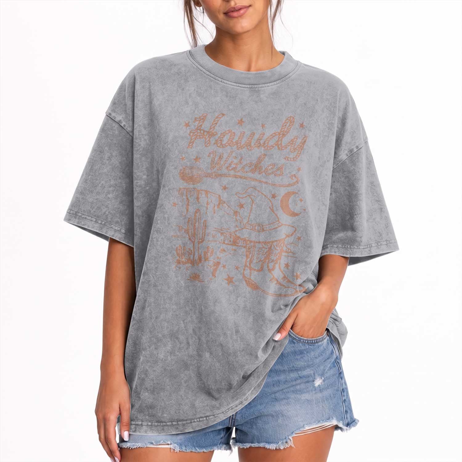 Halloween Cowgirl Washed Cotton T-Shirt Howdy Witches Retro Cowboy Boots Witch Hat Broom