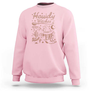 Halloween Cowgirl Sweatshirt Howdy Witches Retro Cowboy Boots Witch Hat Broom TS11 Light Pink Print Your Wear