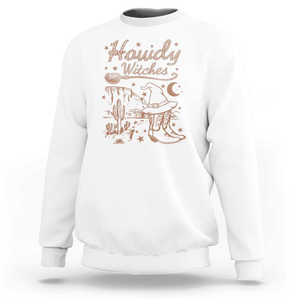 Halloween Cowgirl Sweatshirt Howdy Witches Retro Cowboy Boots Witch Hat Broom TS11 White Print Your Wear