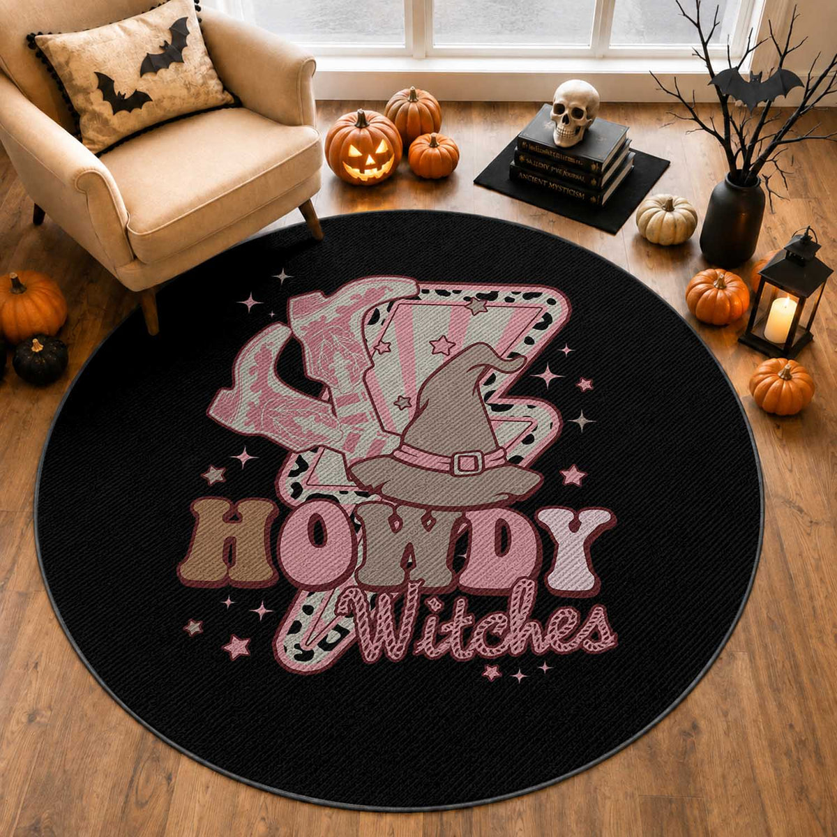 Halloween Cowgirl Round Rug Howdy Witches Cowboy Boots Witch Hat Thunder
