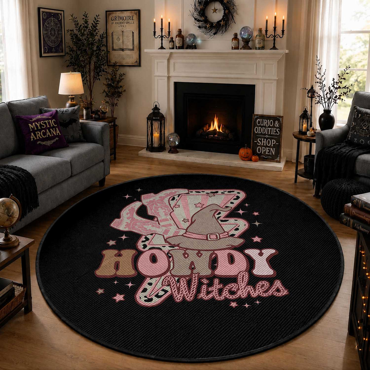 Halloween Cowgirl Round Rug Howdy Witches Cowboy Boots Witch Hat Thunder