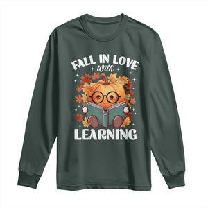 Funny Teacher Long Sleeve Shirt Fall In Love With Learning Autumn Pumpkin Reading Thanksgiving Pumpkin TS11 Dark Forest Green Print Your Wear