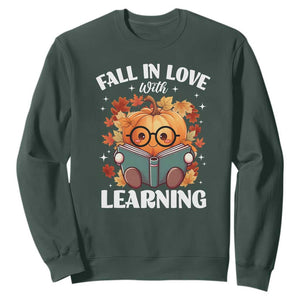 Funny Teacher Sweatshirt Fall In Love With Learning Autumn Pumpkin Reading Thanksgiving Pumpkin TS11 Dark Forest Green Print Your Wear