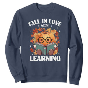 Funny Teacher Sweatshirt Fall In Love With Learning Autumn Pumpkin Reading Thanksgiving Pumpkin TS11 Navy Print Your Wear