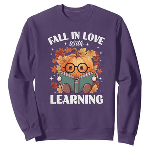 Funny Teacher Sweatshirt Fall In Love With Learning Autumn Pumpkin Reading Thanksgiving Pumpkin TS11 Purple Print Your Wear