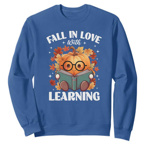 Funny Teacher Sweatshirt Fall In Love With Learning Autumn Pumpkin Reading Thanksgiving Pumpkin TS11 Royal Blue Print Your Wear