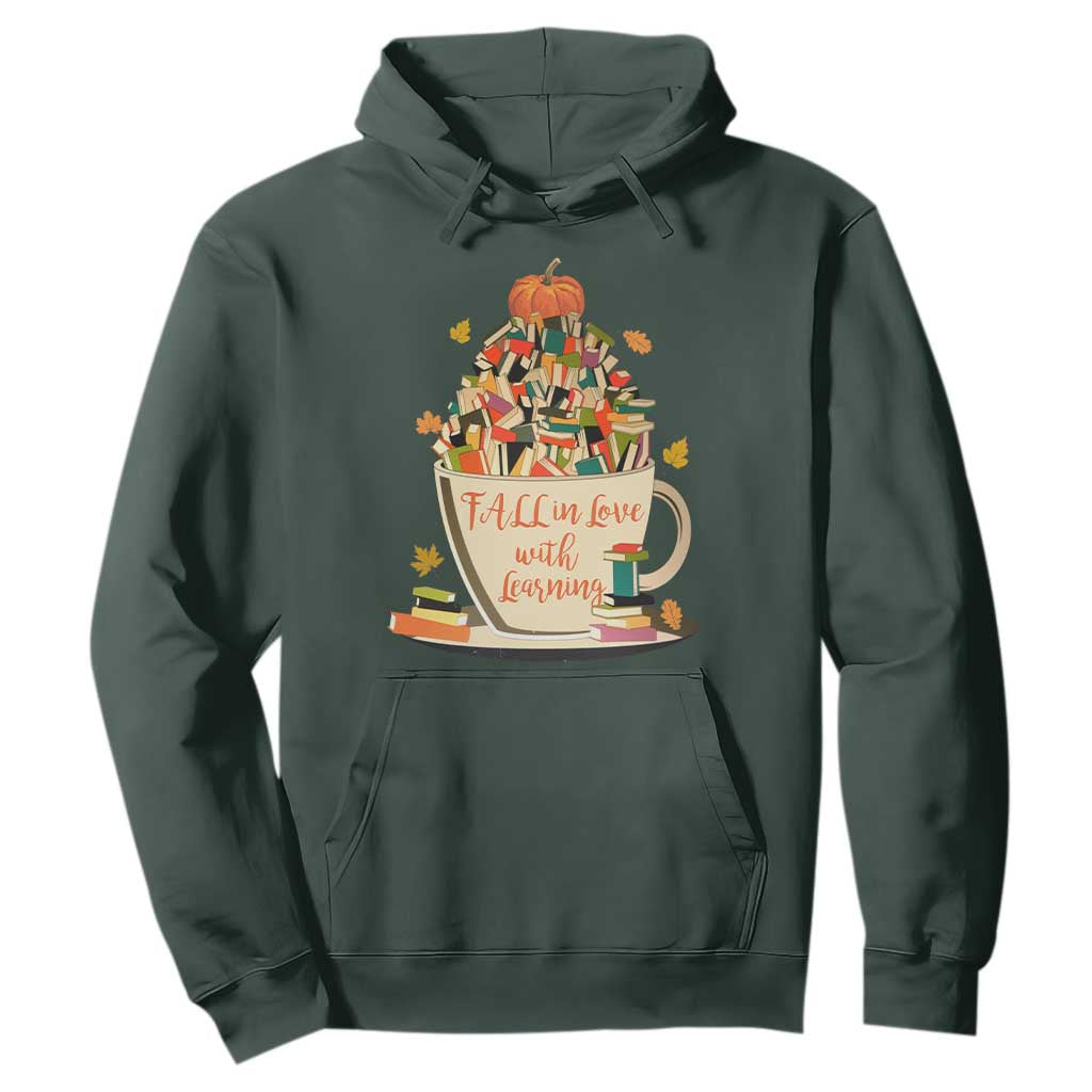 Funny Teacher Hoodie Fall In Love With Learning Autumn Pumpkin Reading Thanksgiving TS11 Dark Forest Green Print Your Wear
