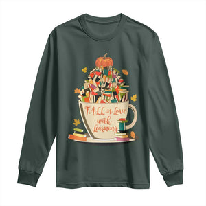 Funny Teacher Long Sleeve Shirt Fall In Love With Learning Autumn Pumpkin Reading Thanksgiving TS11 Dark Forest Green Print Your Wear