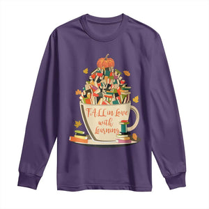 Funny Teacher Long Sleeve Shirt Fall In Love With Learning Autumn Pumpkin Reading Thanksgiving TS11 Purple Print Your Wear