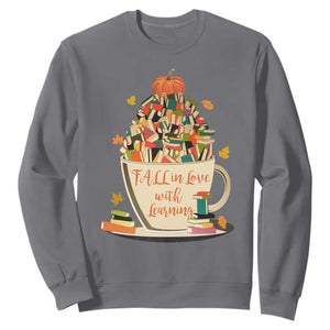 Funny Teacher Sweatshirt Fall In Love With Learning Autumn Pumpkin Reading Thanksgiving TS11 Charcoal Print Your Wear