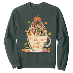 Funny Teacher Sweatshirt Fall In Love With Learning Autumn Pumpkin Reading Thanksgiving TS11 Dark Forest Green Print Your Wear