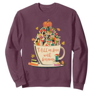 Funny Teacher Sweatshirt Fall In Love With Learning Autumn Pumpkin Reading Thanksgiving TS11 Maroon Print Your Wear