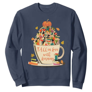 Funny Teacher Sweatshirt Fall In Love With Learning Autumn Pumpkin Reading Thanksgiving TS11 Navy Print Your Wear