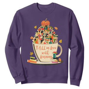 Funny Teacher Sweatshirt Fall In Love With Learning Autumn Pumpkin Reading Thanksgiving TS11 Purple Print Your Wear