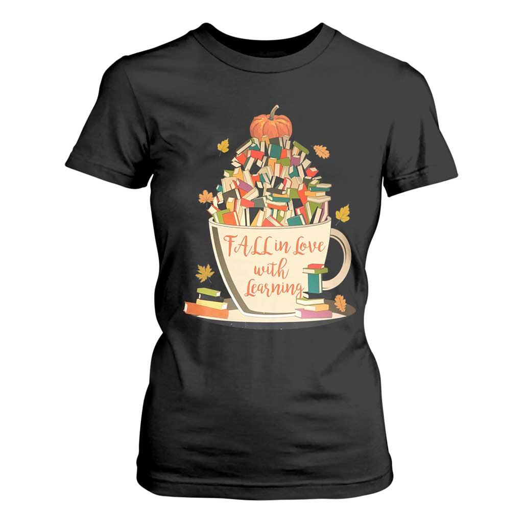 Funny Teacher T Shirt For Women Fall In Love With Learning Autumn Pumpkin Reading Thanksgiving TS11 Black Print Your Wear