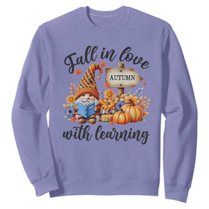 Funny Teacher Sweatshirt Fall In Love With Learning Autumn Pumpkin Reading Thanksgiving Gnome TS11 Violet Print Your Wear