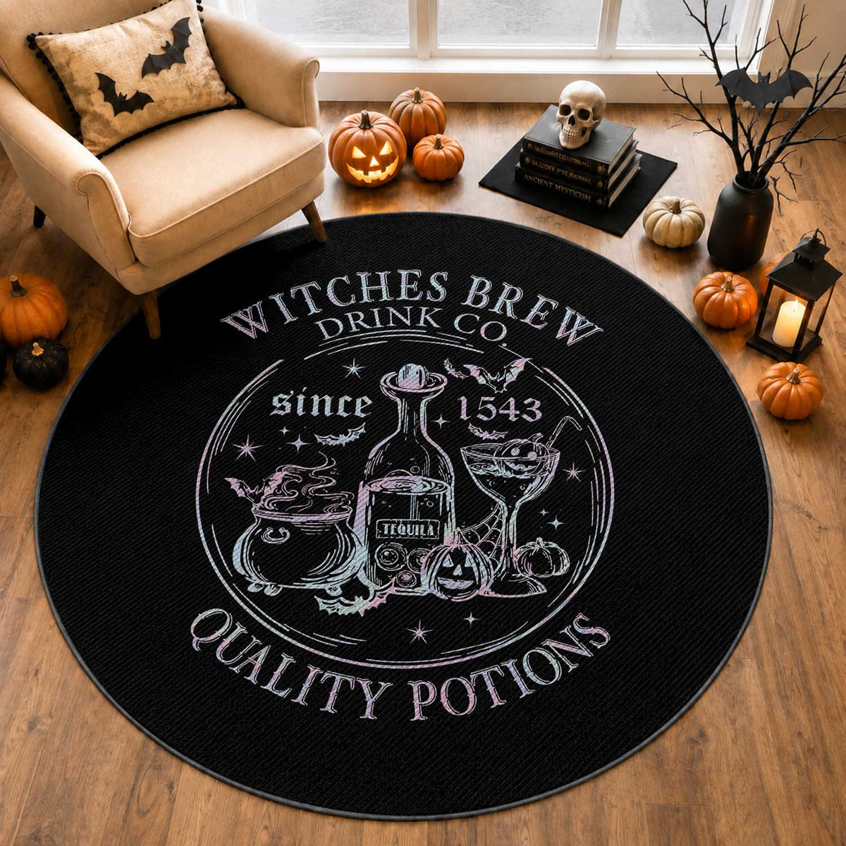 Halloween Witch Drinks Round Rug Witches Brew Drink Co Quality Potions Since 1543