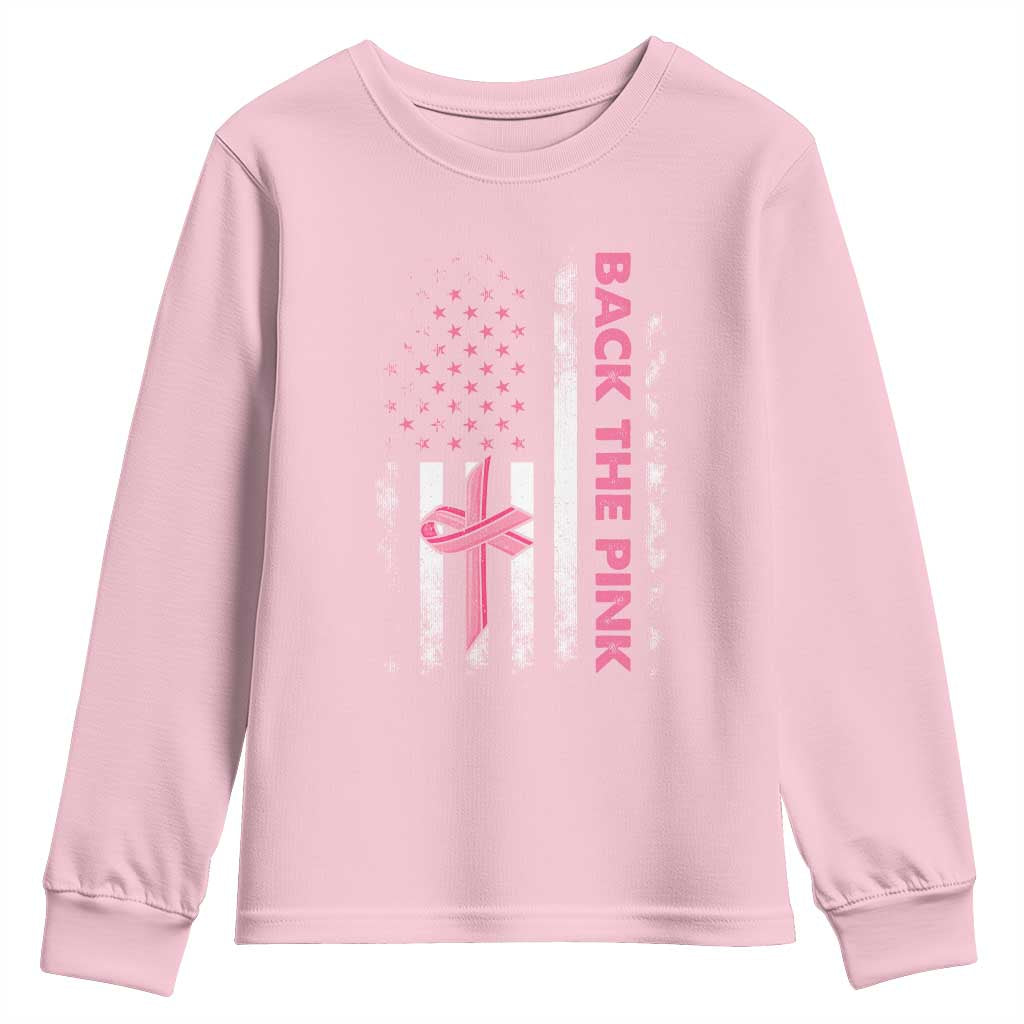 Breast Cancer Awareness Youth Sweatshirt Back The Pink Warrior American Flag TS11 Light Pink Print Your Wear