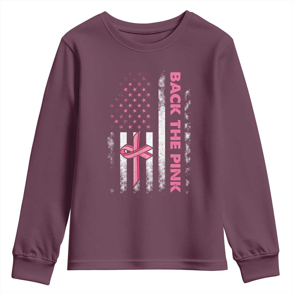 Breast Cancer Awareness Youth Sweatshirt Back The Pink Warrior American Flag TS11 Maroon Print Your Wear