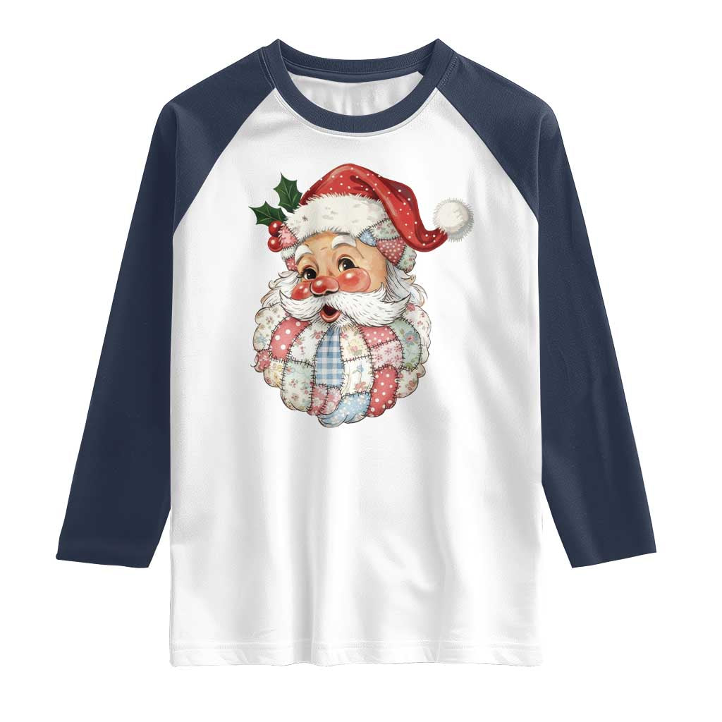 Vintage Retro Patchwork Santa Xmas Raglan Shirt Merry Christmas Holiday TS11 White Navy Print Your Wear