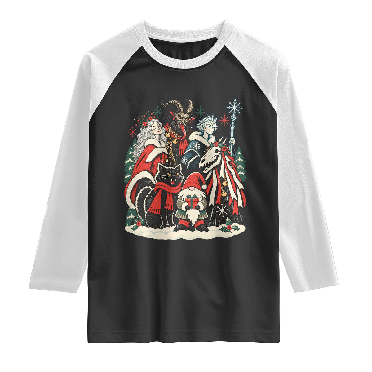 Whimsigoth Nordic Christmas Alpine Folklore Creatures Yule Cat Krampus 90s Styles Raglan Shirt