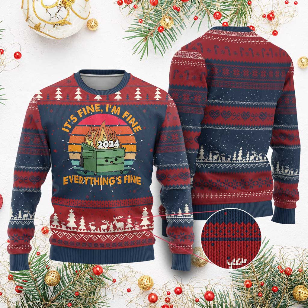 Funny It's Fine I'm Everything Is Fine 2024 Ugly Christmas Sweater Cute Vintage Lil Dumpster Fire TS11 Burgundy Print Your Wear