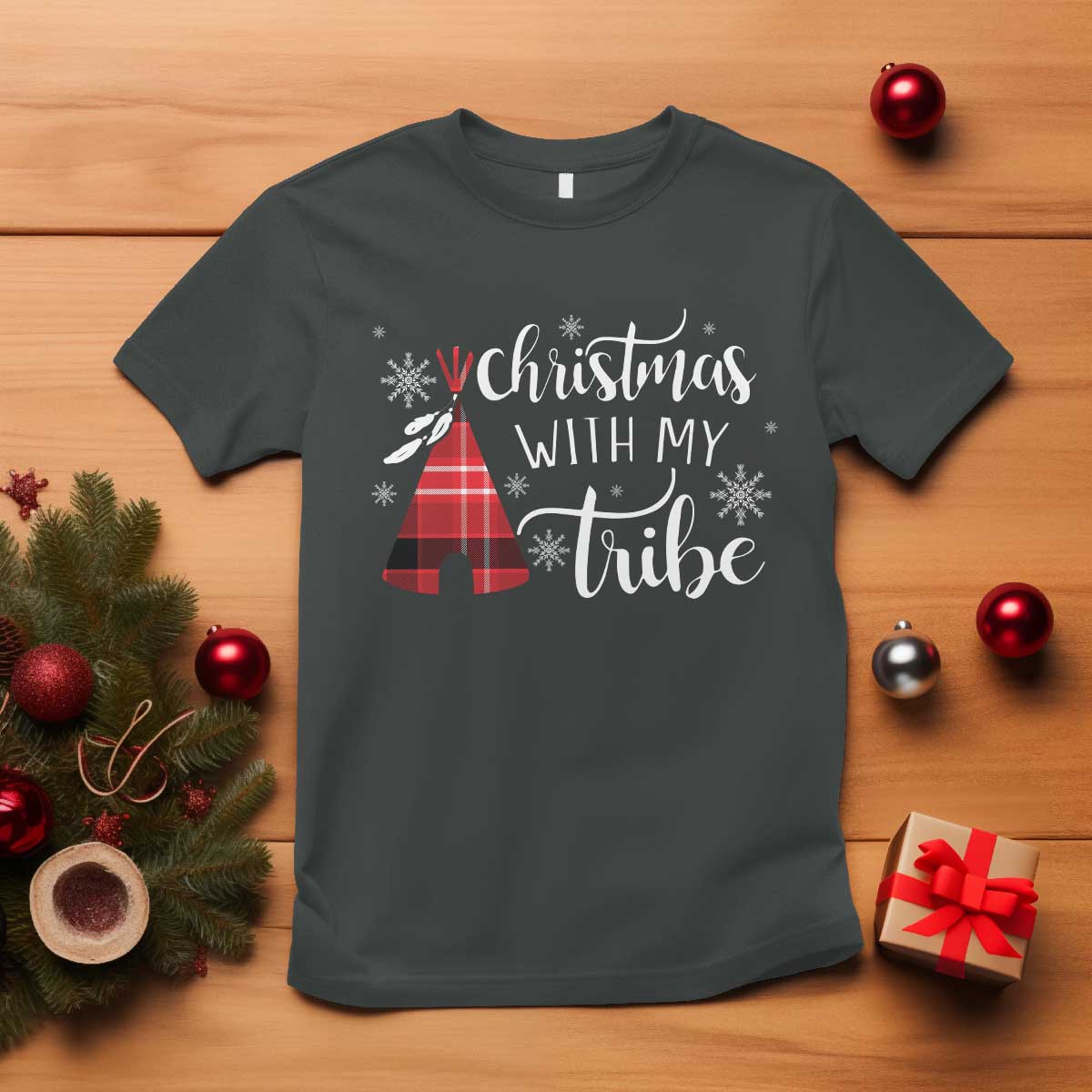Funny Christmas Native American T Shirt Christmas With My Tribes TS11 Dark Heather Print Your Wear