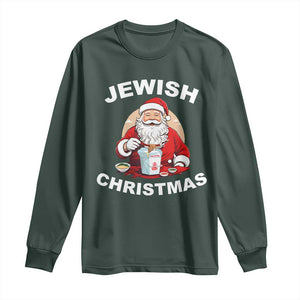 Funny Jewish Christmas Long Sleeve Shirt Santa Is Eating Chinese Food Hanukkah Hebrew TS11 Dark Forest Green Print Your Wear