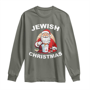 Funny Jewish Christmas Long Sleeve Shirt Santa Is Eating Chinese Food Hanukkah Hebrew TS11 Military Green Print Your Wear