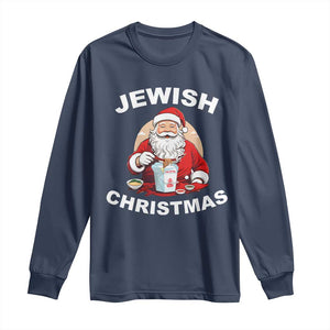 Funny Jewish Christmas Long Sleeve Shirt Santa Is Eating Chinese Food Hanukkah Hebrew TS11 Navy Print Your Wear