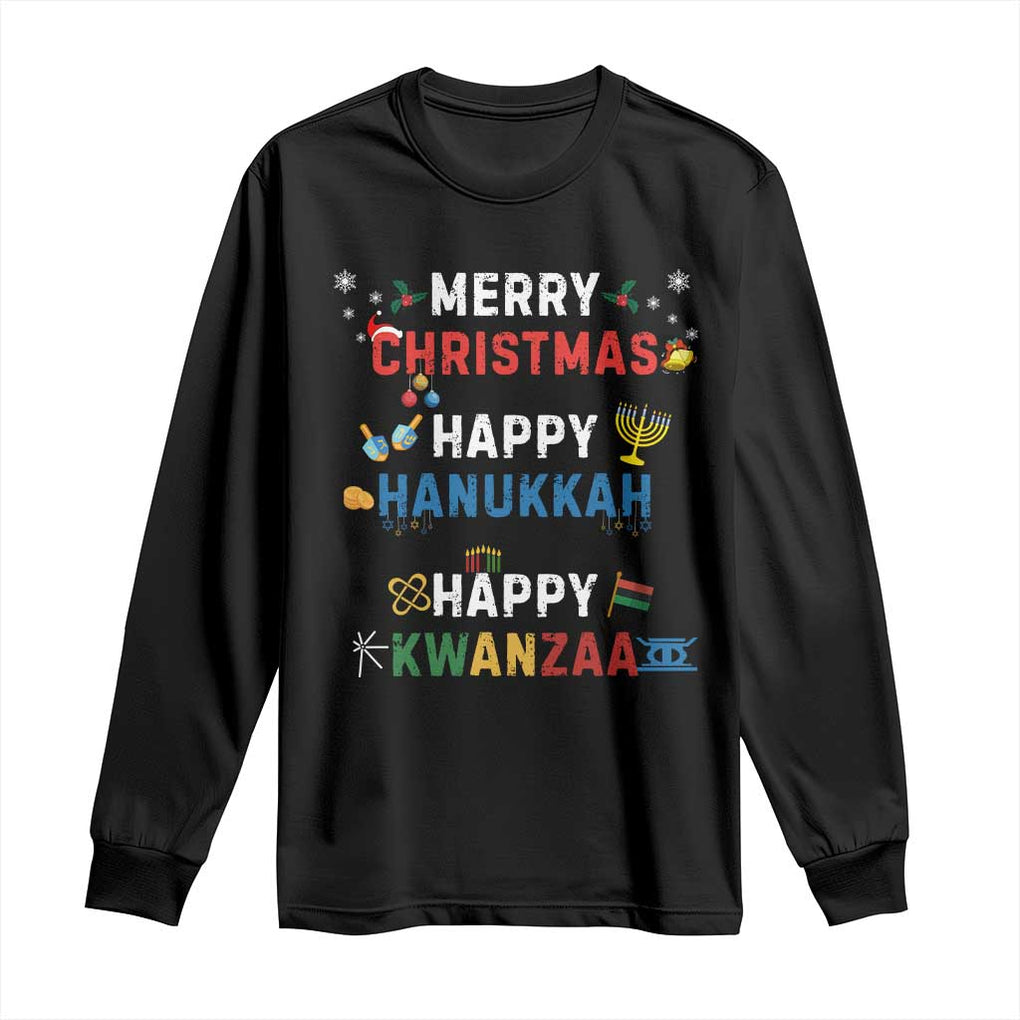 Funny Merry Christmas Happy Hanukkah Happy Kwanzaa Holiday Long Sleeve Shirt TS11 Black Print Your Wear