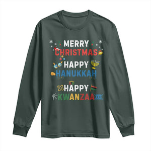 Funny Merry Christmas Happy Hanukkah Happy Kwanzaa Holiday Long Sleeve Shirt TS11 Dark Forest Green Print Your Wear