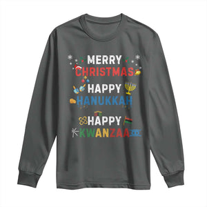 Funny Merry Christmas Happy Hanukkah Happy Kwanzaa Holiday Long Sleeve Shirt TS11 Dark Heather Print Your Wear