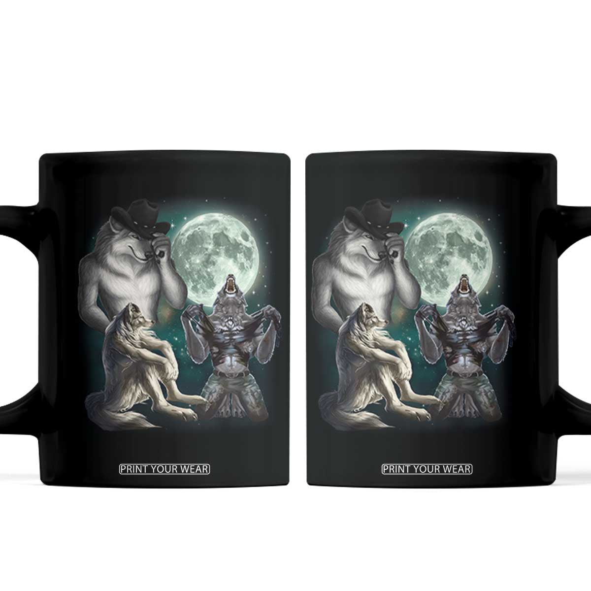 Funny Three Alpha Wolf Howling Moon Coffee Mug Weird Cringe Werewolf Meme TS11 Black Print Your Wear