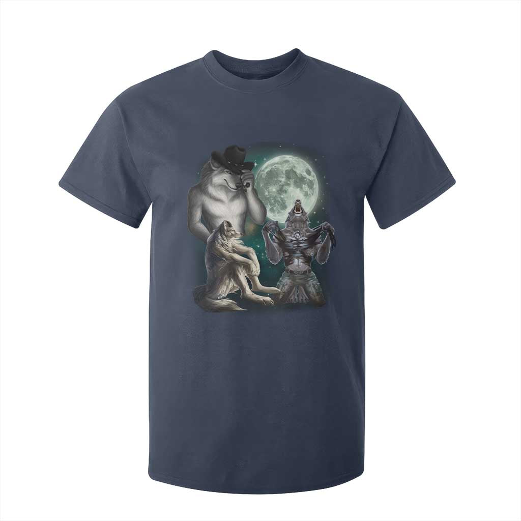 Funny Three Alpha Wolf Howling Moon T Shirt For Kid Weird Cringe Werewolf Meme TS11 Navy Print Your Wear
