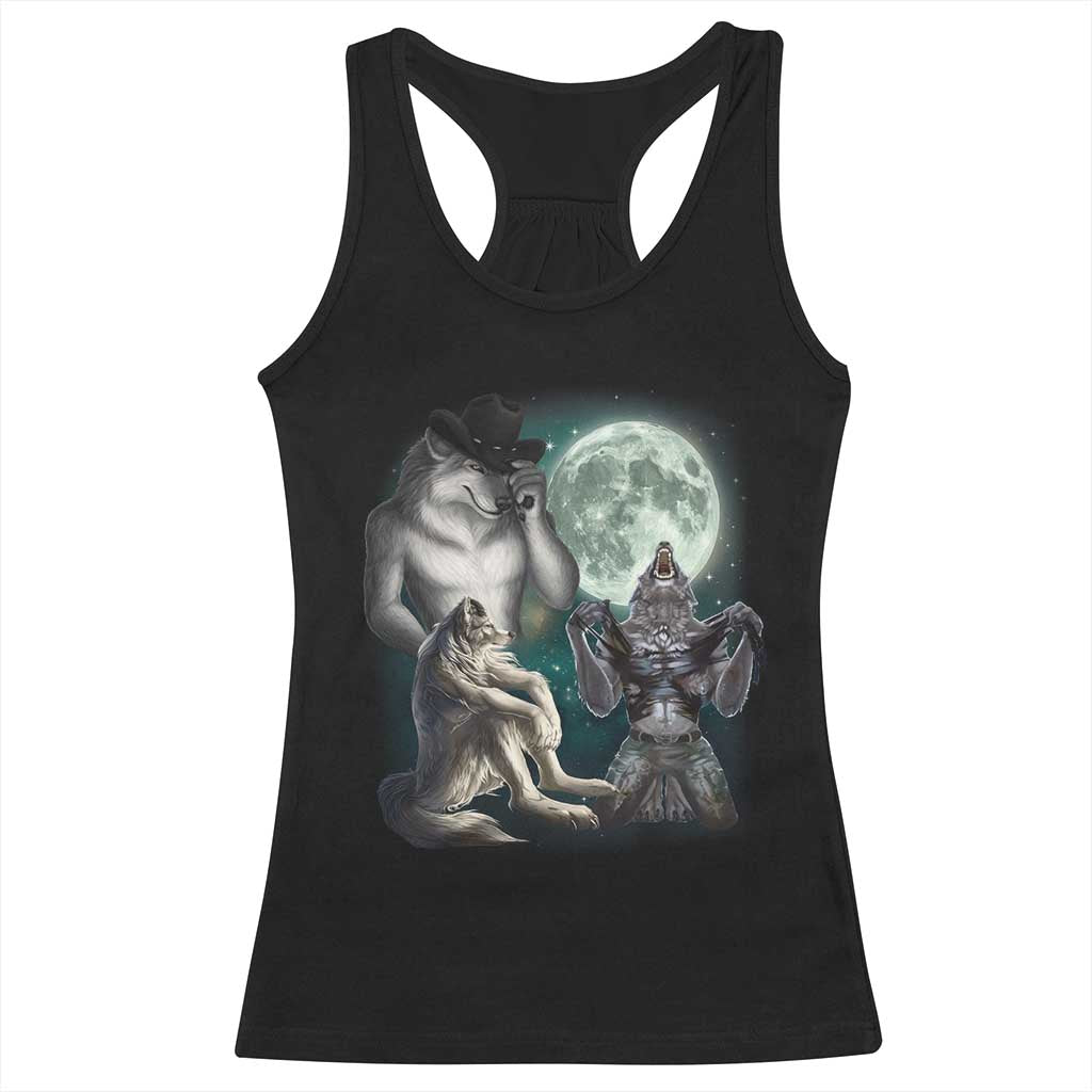 Funny Three Alpha Wolf Howling Moon Racerback Tank Top Weird Cringe Werewolf Meme TS11 Black Print Your Wear