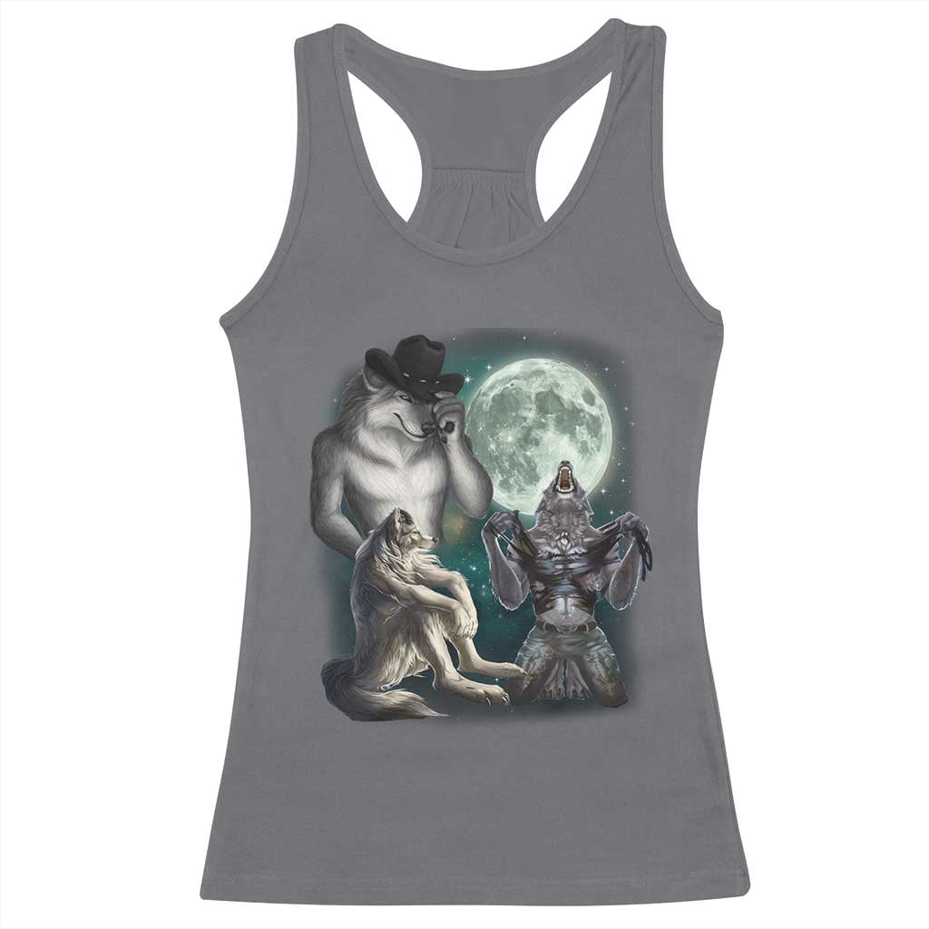 Funny Three Alpha Wolf Howling Moon Racerback Tank Top Weird Cringe Werewolf Meme TS11 Charcoal Print Your Wear