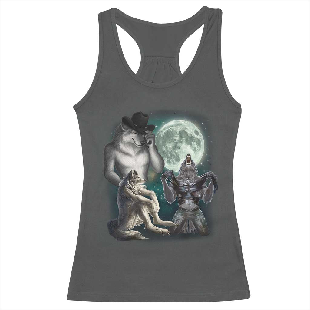 Funny Three Alpha Wolf Howling Moon Racerback Tank Top Weird Cringe Werewolf Meme TS11 Dark Heather Print Your Wear