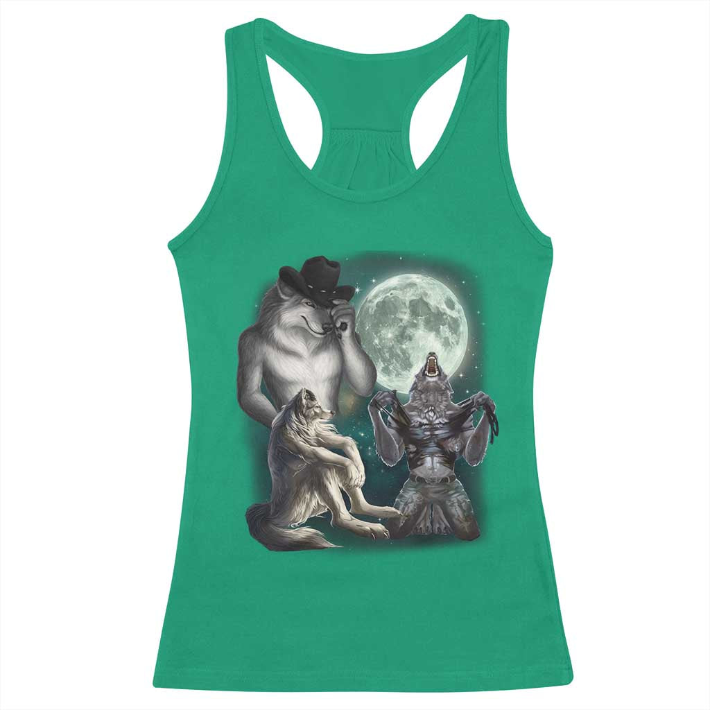 Funny Three Alpha Wolf Howling Moon Racerback Tank Top Weird Cringe Werewolf Meme TS11 Irish Green Print Your Wear