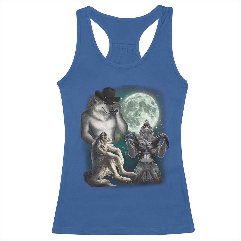 Funny Three Alpha Wolf Howling Moon Racerback Tank Top Weird Cringe Werewolf Meme TS11 Royal Blue Print Your Wear