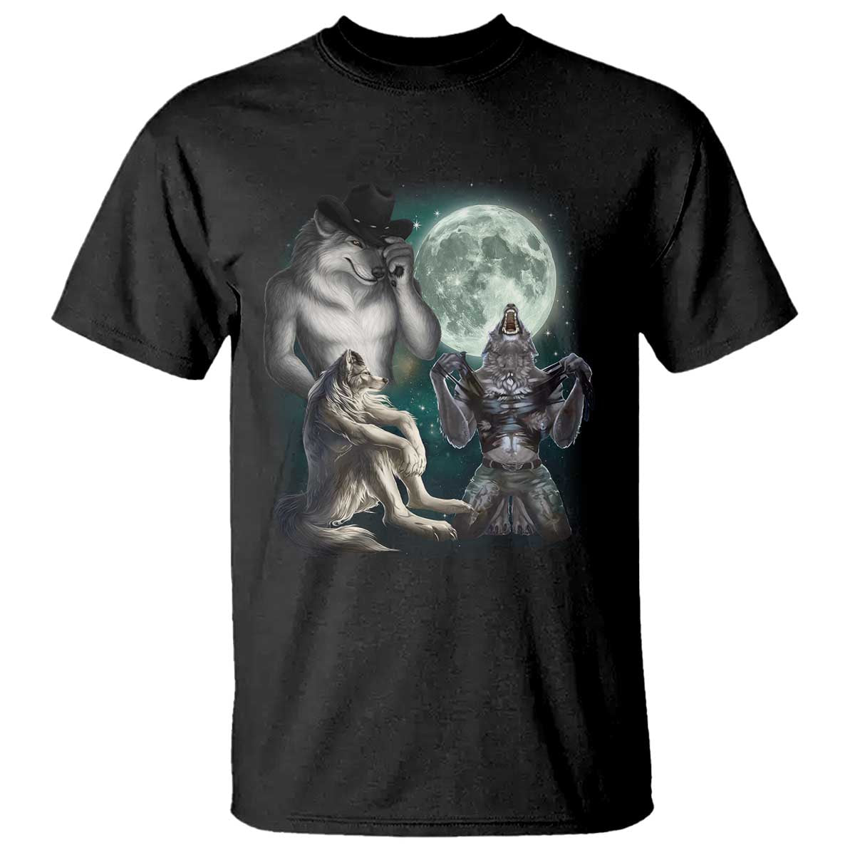 Funny Three Alpha Wolf Howling Moon T Shirt Weird Cringe Werewolf Meme TS11 Black Print Your Wear