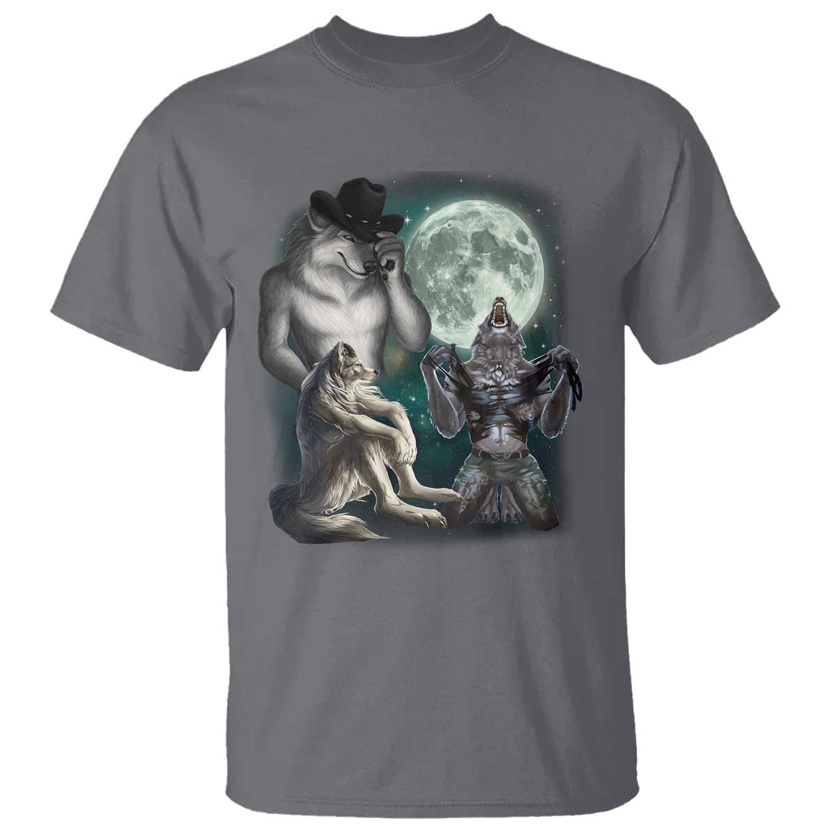 Funny Three Alpha Wolf Howling Moon T Shirt Weird Cringe Werewolf Meme TS11 Charcoal Print Your Wear